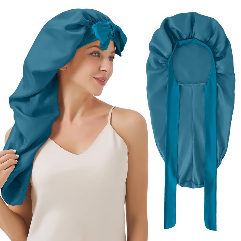 Supaze Long Satin Bonnet for Sleeping, Satin Lined Braid Bonnet with Elastic Band, Long Strap Bonnets for Women Braids(Dark Blue) showercap - Image 1
